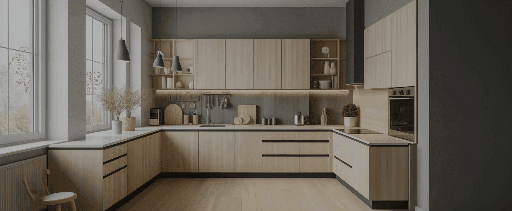 Eine moderne Küche, bei der helles Holz wie Birke für die Schränke und Arbeitsplatten verwendet wird. Das Design ist schlank und minimalistisch, mit klaren Linien 